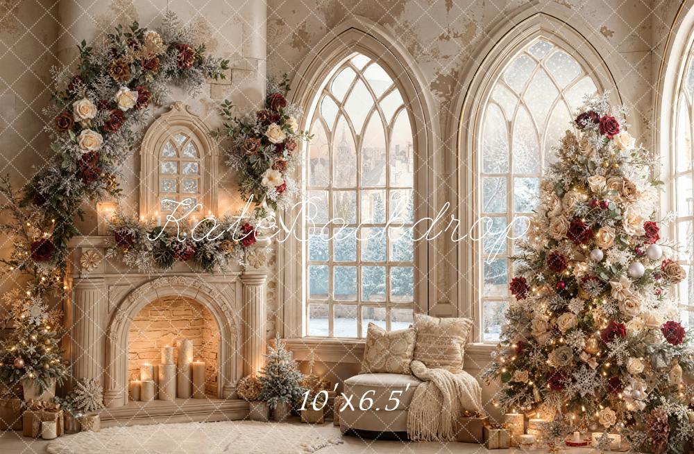 Kate Sapin de Noël Roses Cheminée Fenêtre Toile de fond conçue par Emetselch - Kate Backdrop FR