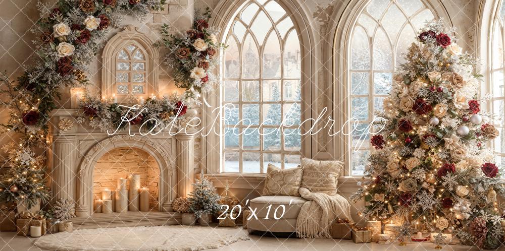 Kate Sapin de Noël Roses Cheminée Fenêtre Toile de fond conçue par Emetselch - Kate Backdrop FR