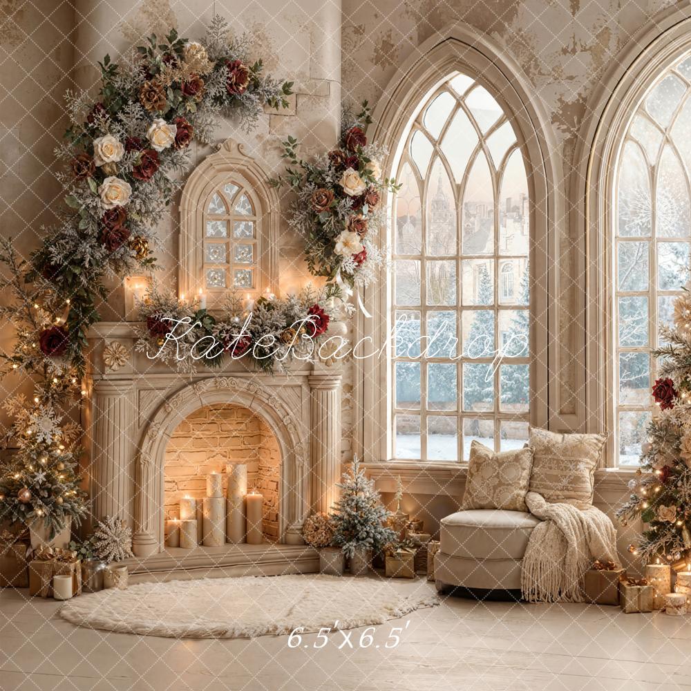 Kate Sapin de Noël Roses Cheminée Fenêtre Toile de fond conçue par Emetselch - Kate Backdrop FR