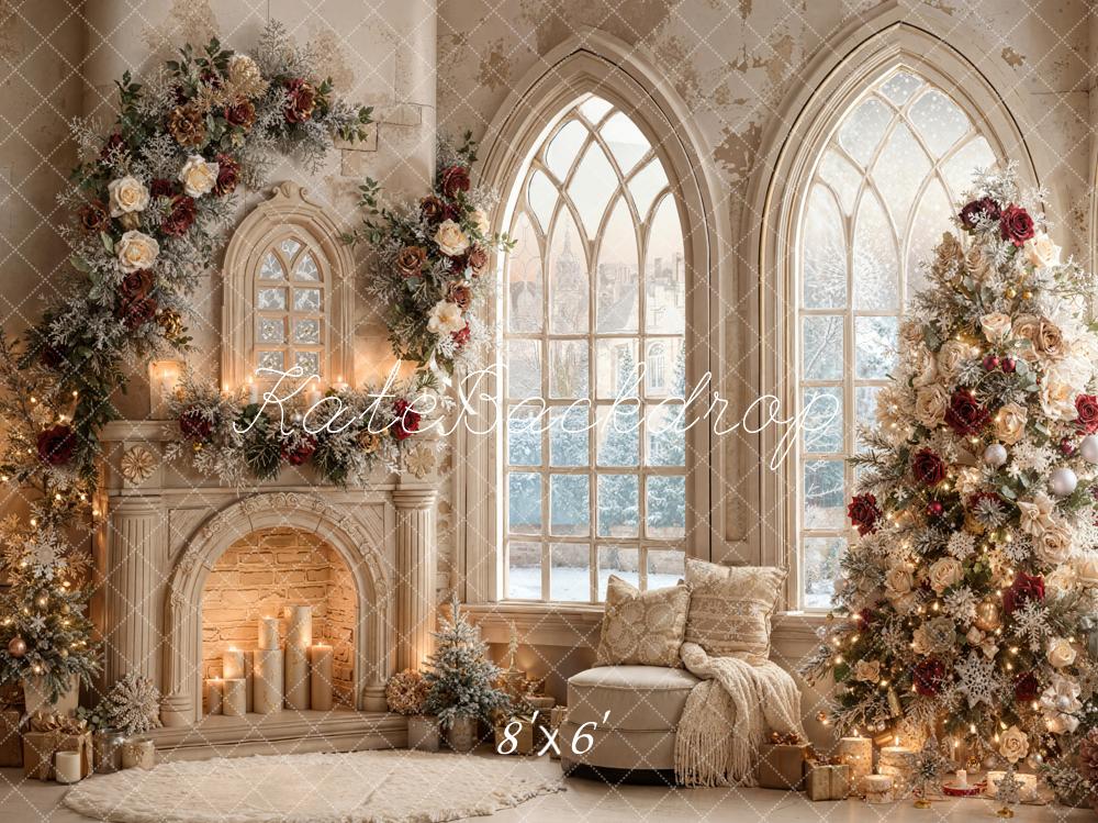 Kate Sapin de Noël Roses Cheminée Fenêtre Toile de fond conçue par Emetselch - Kate Backdrop FR