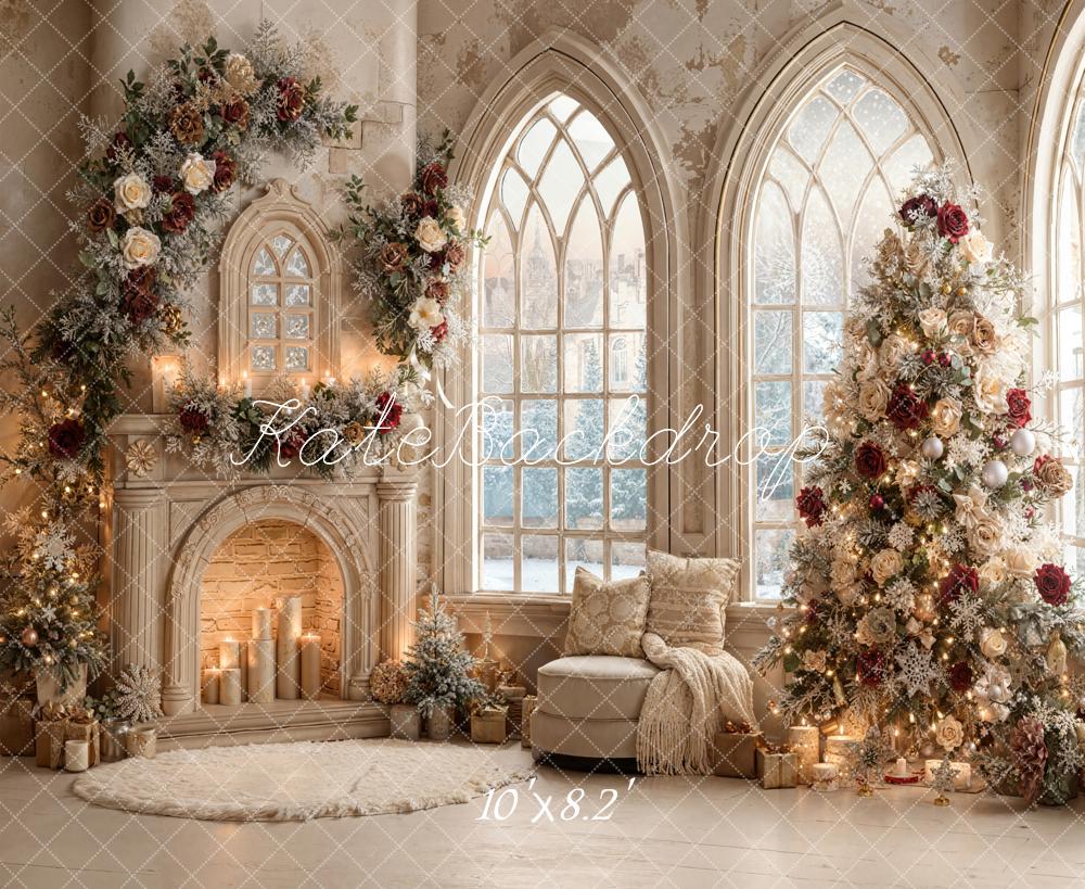 Kate Sapin de Noël Roses Cheminée Fenêtre Toile de fond conçue par Emetselch - Kate Backdrop FR