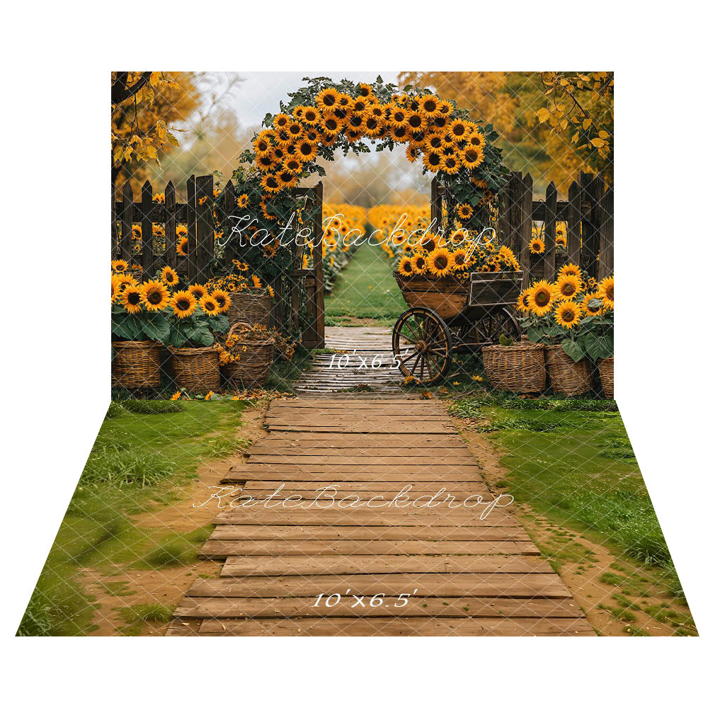Kate Automne Tournesol Panier Chemin Toile de fond+Chemin en Bois Herbe Sol Toile de fond - Kate Backdrop FR