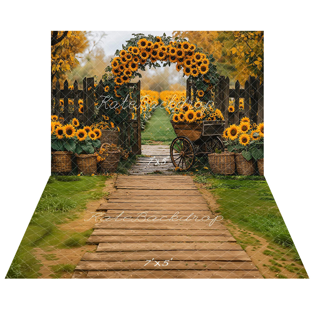 Kate Automne Tournesol Panier Chemin Toile de fond+Chemin en Bois Herbe Sol Toile de fond - Kate Backdrop FR
