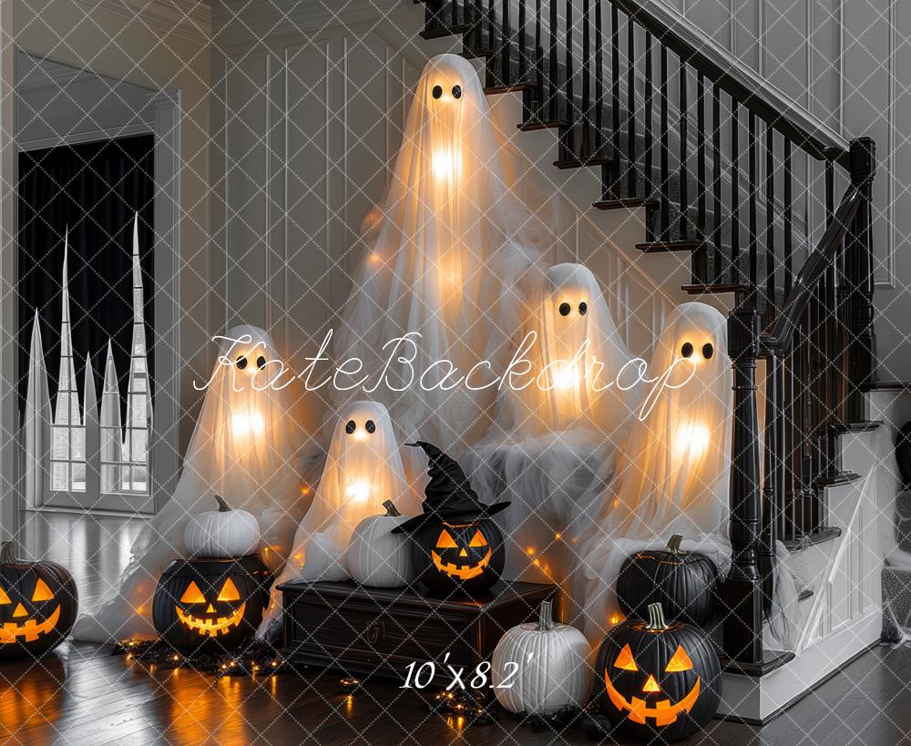 Kate Halloween Fantômes Citrouilles Escaliers Toile de fond conçue par Mini MakeBelieve - Kate Backdrop FR