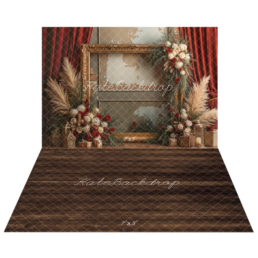 Kate Noël Cadre Doré Bohème Fleurs Toile de fond+Brun foncé Parquet Sol Toile de fond - Kate Backdrop FR