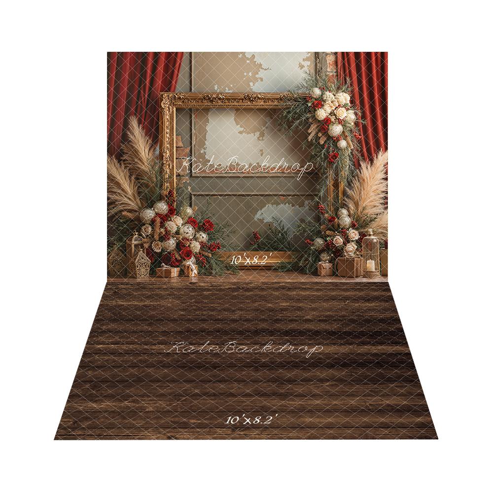 Kate Noël Cadre Doré Bohème Fleurs Toile de fond+Brun foncé Parquet Sol Toile de fond - Kate Backdrop FR