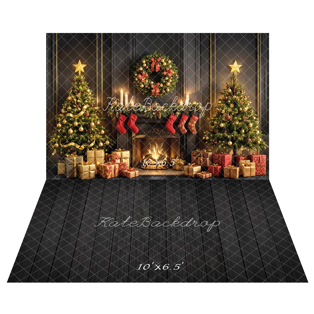 Kate Noël Sapin Cheminée Cadeaux Toile de fond+Bois Noir Lignes Verticales Sol Toile de fond - Kate Backdrop FR