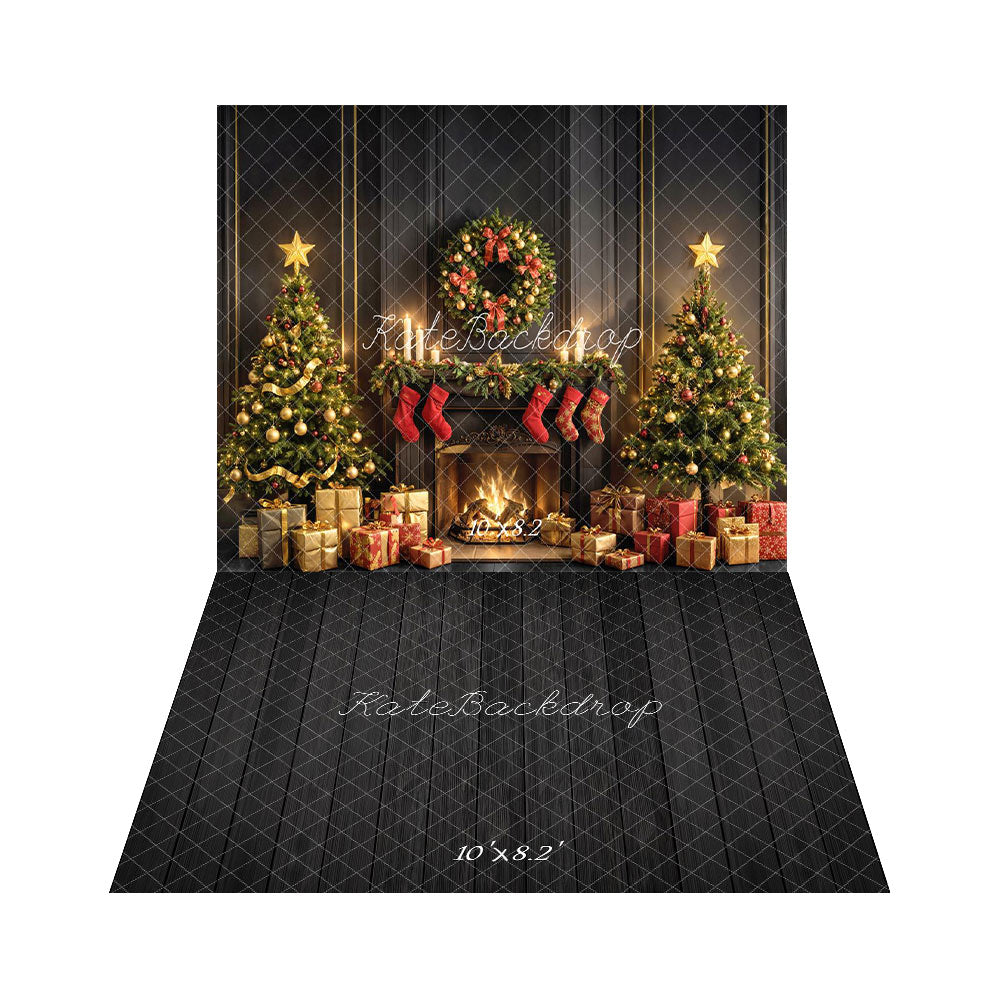 Kate Noël Sapin Cheminée Cadeaux Toile de fond+Bois Noir Lignes Verticales Sol Toile de fond - Kate Backdrop FR