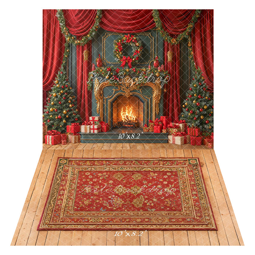 Kate Noël Cheminée Rétro Rideaux Toile de fond+Bois Tapis Floral Vintage Sol Toile de fond