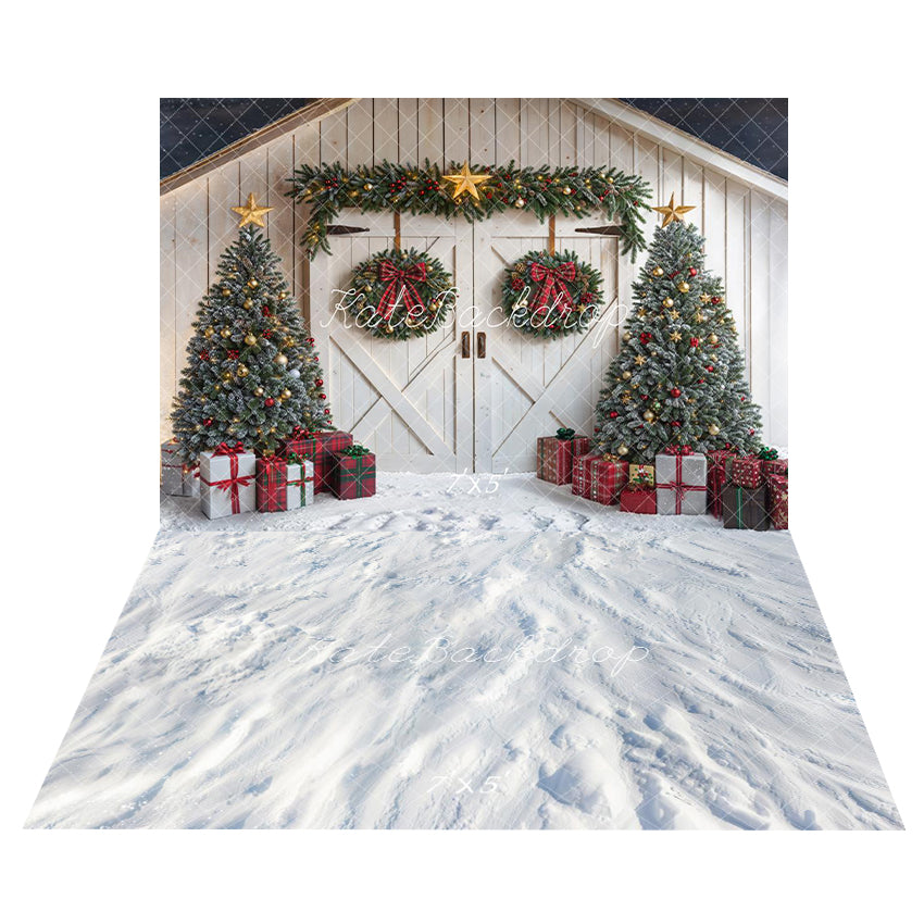 Kate Noël Sapins Cadeaux Grange Toile de fond+Hiver Neige Blanc Sol Toile de fond - Kate Backdrop FR