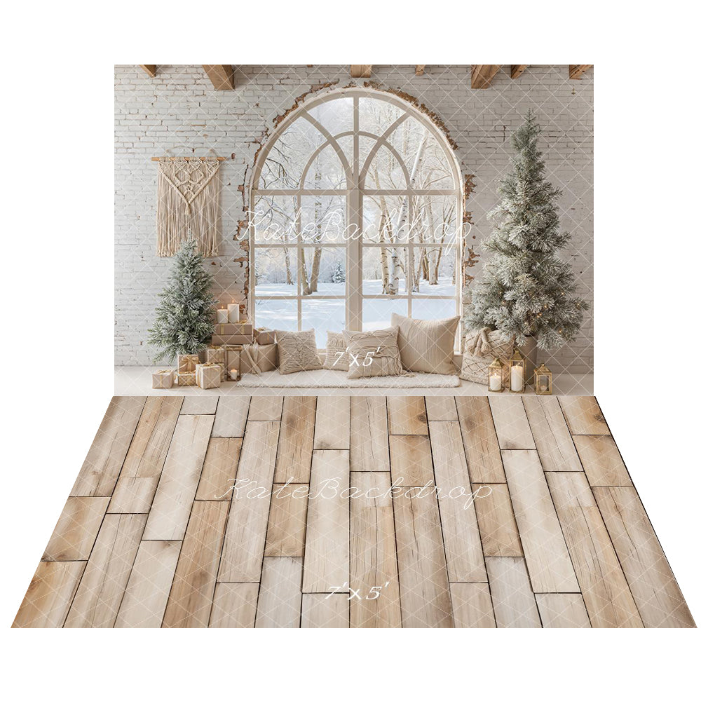 Kate Hiver Bohème Noël Fenêtre Neige Toile de fond+Bois Clair Texture Sol Toile de fond
