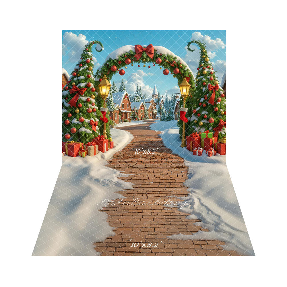 Kate Noël Arche Sapins Cadeaux Toile de fond+Chemin Briques Neige Sol Toile de fond