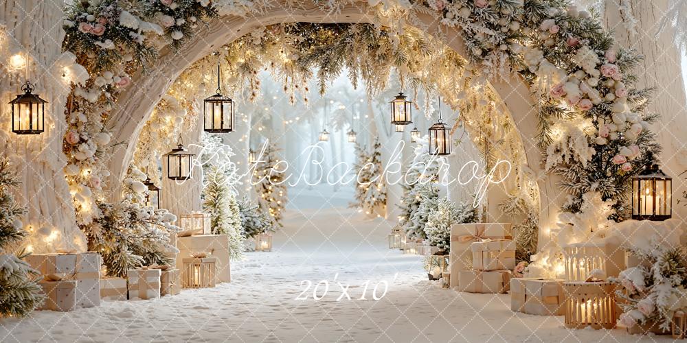 Kate Noël Hiver Fleurs Arche Lanternes Neige Toile de fond conçue par Emetselch - Kate Backdrop FR
