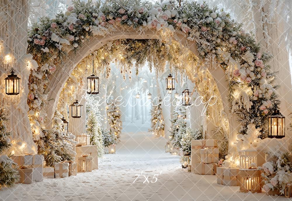 Kate Noël Hiver Fleurs Arche Lanternes Neige Toile de fond conçue par Emetselch - Kate Backdrop FR