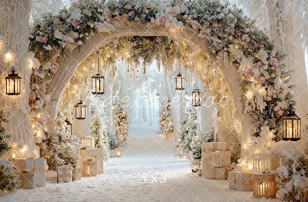 Kate Noël Hiver Fleurs Arche Lanternes Neige Toile de fond conçue par Emetselch - Kate Backdrop FR
