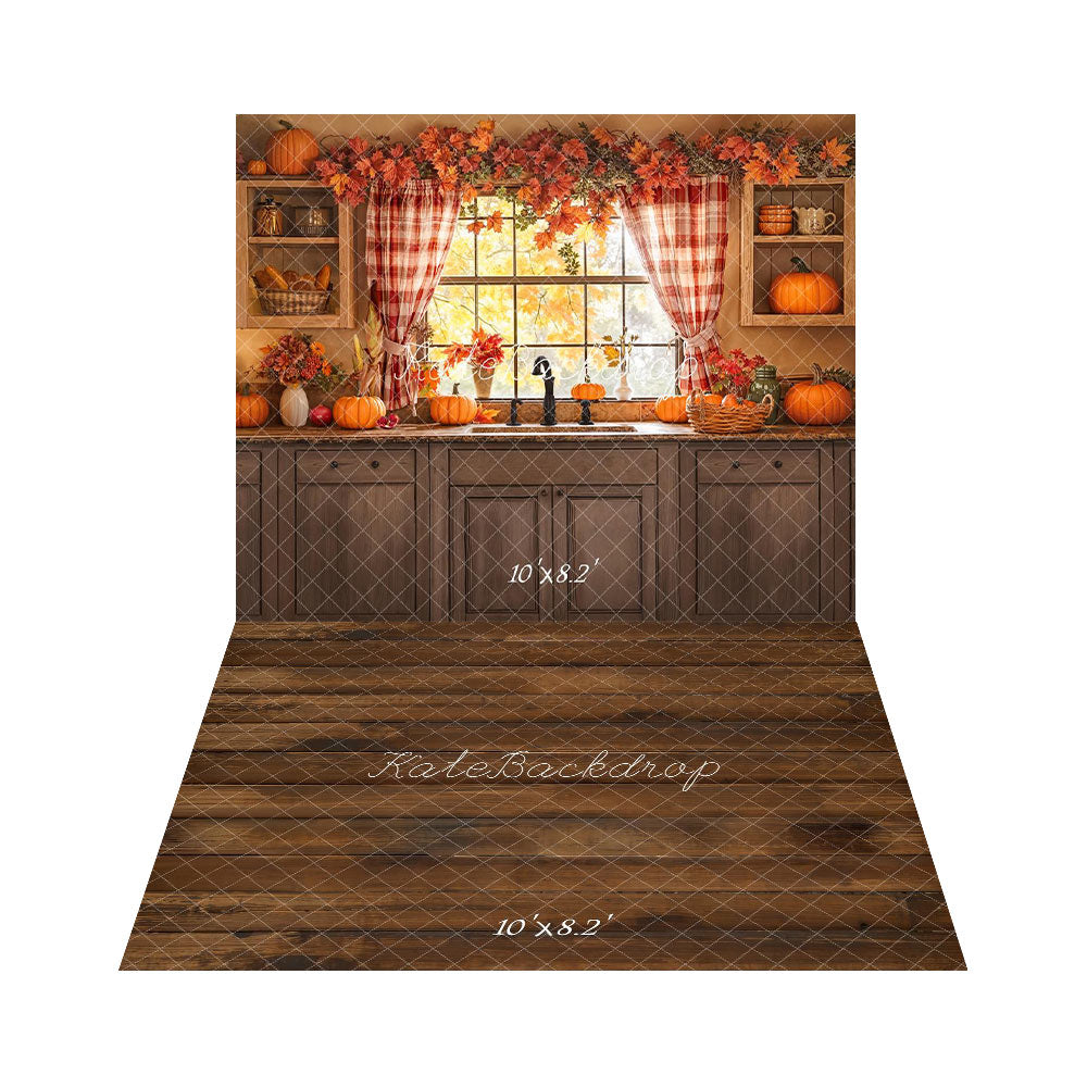 Kate Automne Cuisine Citrouilles Fenêtre Toile de fond+Brun Sol en bois Toile de fond