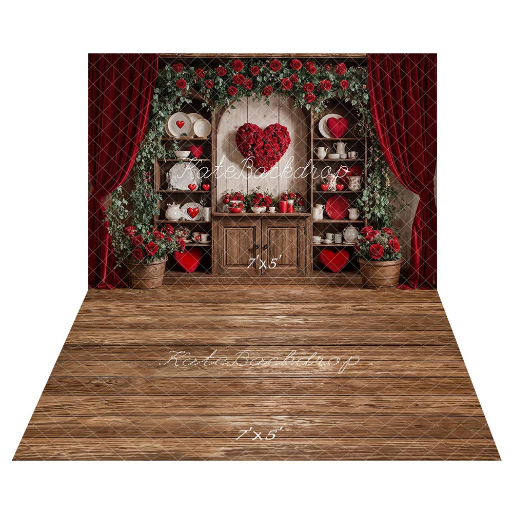 Kate Saint Valentin Roses Coeur Vaisselle Toile de fond+Bois Texture Brun Sol Toile de fond