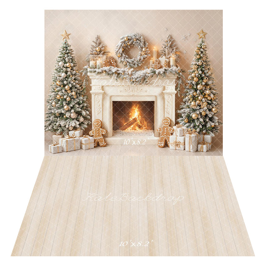 Kate Noël Cheminée Sapins Pain d'épice Toile de fond+Bois Beige Texture Sol Toile de fond - Kate Backdrop FR