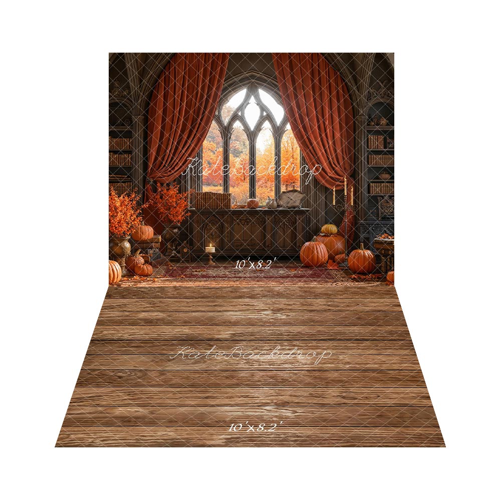 Kate Automne Bibliothèque Citrouilles Gothique Toile de fond+Bois Texture Brun Sol Toile de fond - Kate Backdrop FR