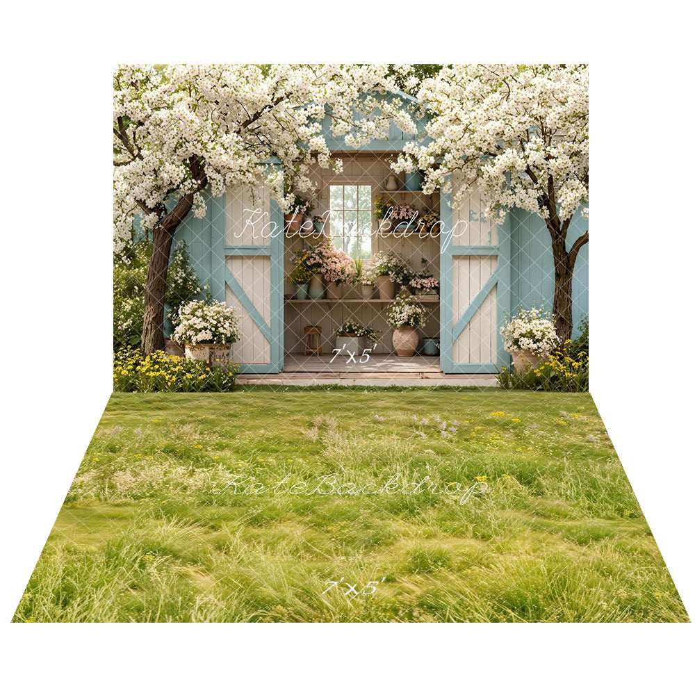 Kate Printemps Maison Fleurs Arbres Toile de fond+Prairie Herbe Fleurs Sol Toile de fond - Kate Backdrop FR