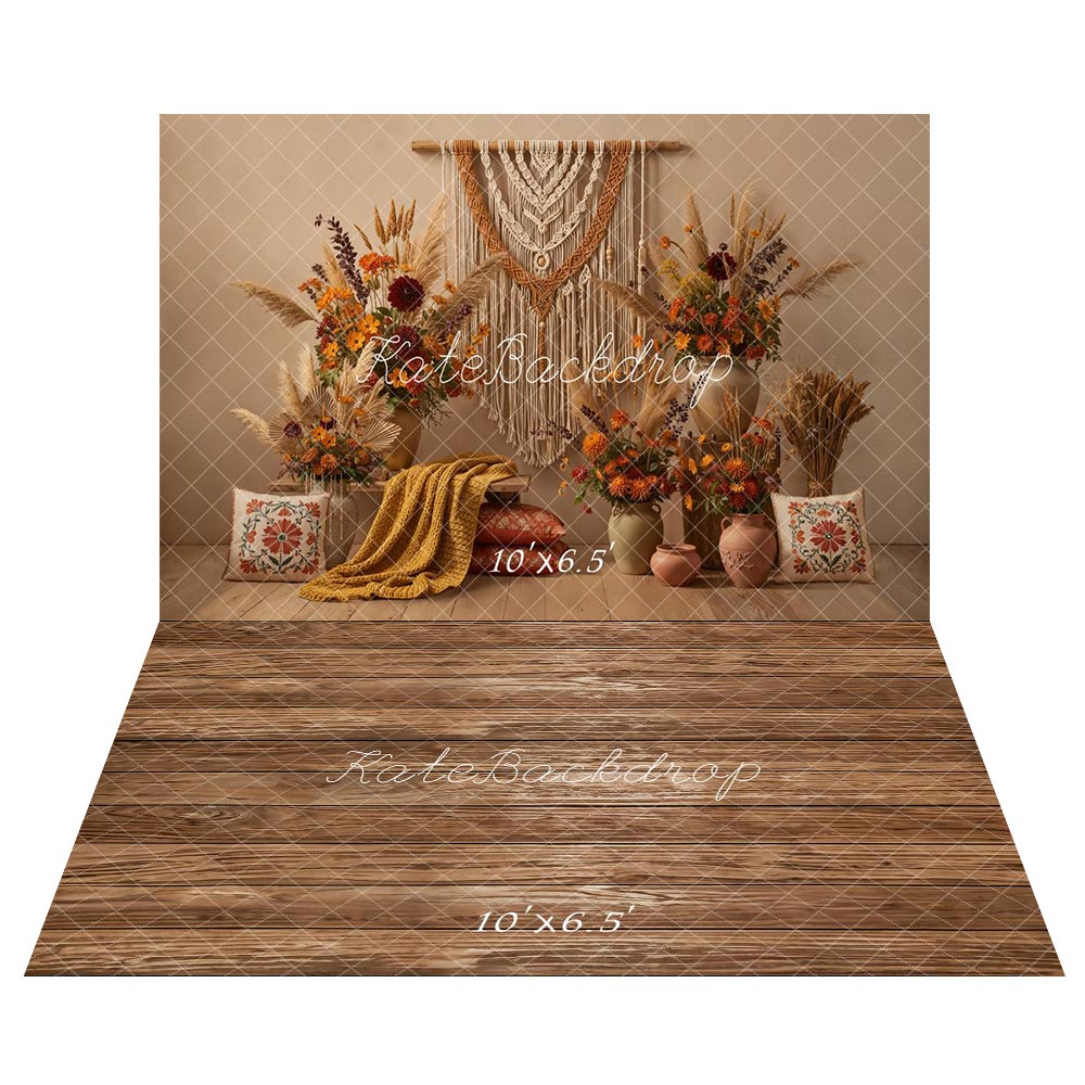 Kate Bohème Fleurs Macramé Beige Toile de fond+Bois Texture Brun Sol Toile de fond - Kate Backdrop FR