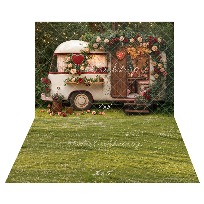 Kate Saint Valentin Caravane Fleurs Toile de fond+Prairie Herbe Fleurs Sol Toile de fond - Kate Backdrop FR