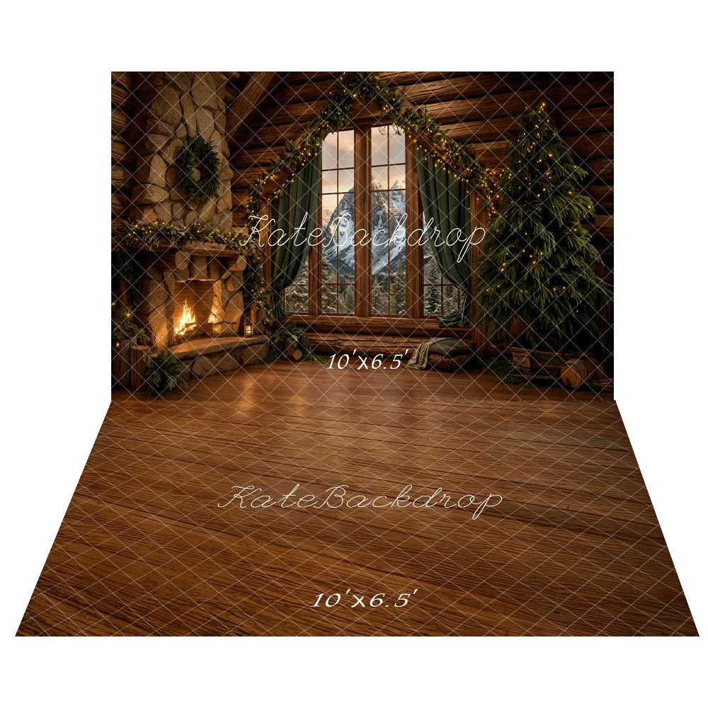 Kate Hiver Chalet Cheminée Sapin Toile de fond+Bois Brun Texture Sol Toile de fond - Kate Backdrop FR