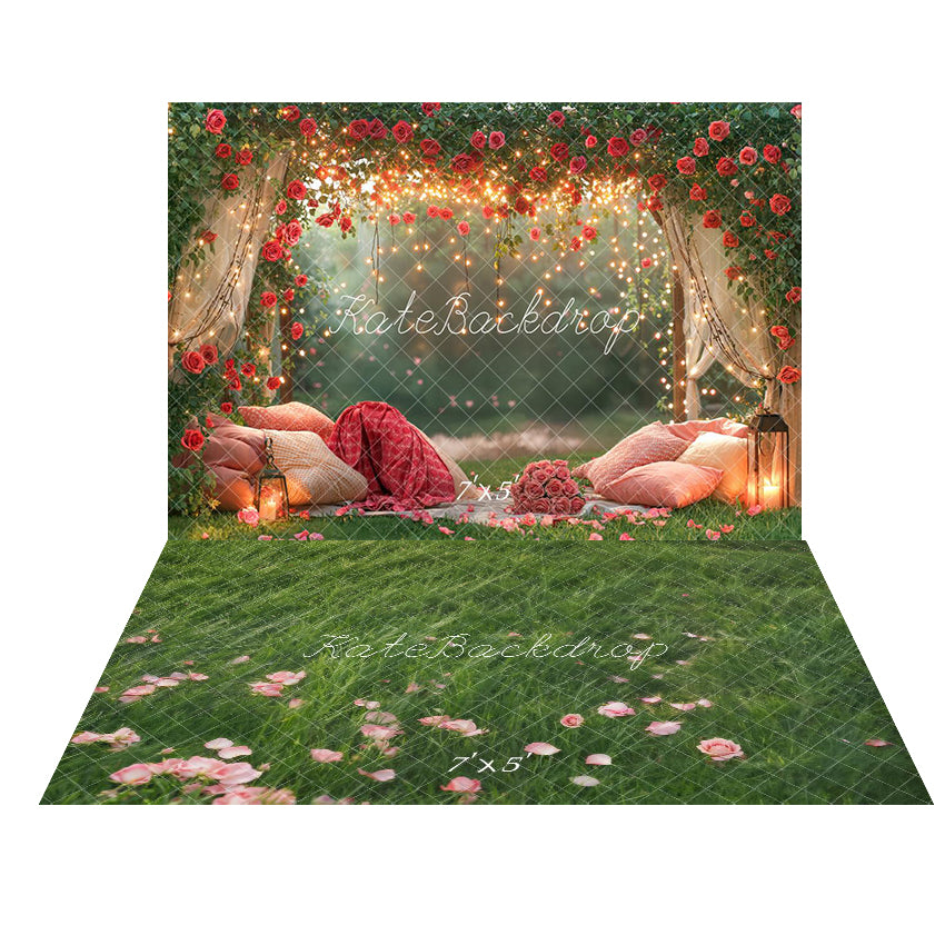 Kate Saint Valentin Lumières Coussin Toile de fond+Herbe Pétales Roses Sol Toile de fond - Kate Backdrop FR