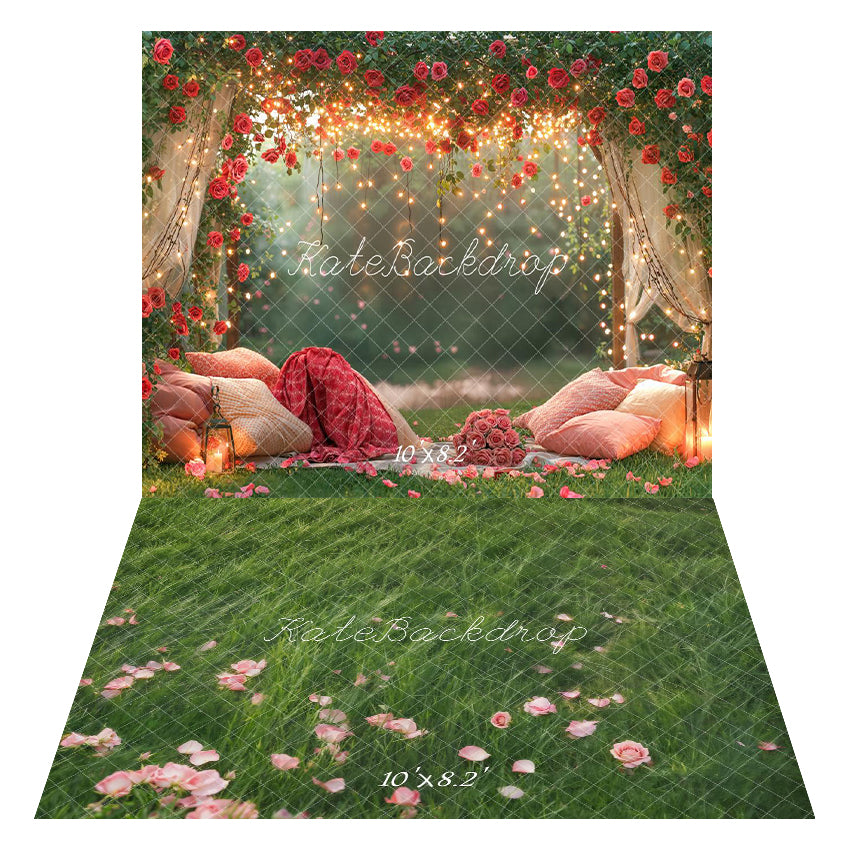 Kate Saint Valentin Lumières Coussin Toile de fond+Herbe Pétales Roses Sol Toile de fond - Kate Backdrop FR