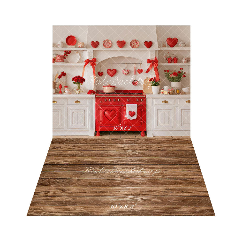 Kate Saint Valentin Cuisine Cœurs Toile de fond+Bois Texture Brun Sol Toile de fond