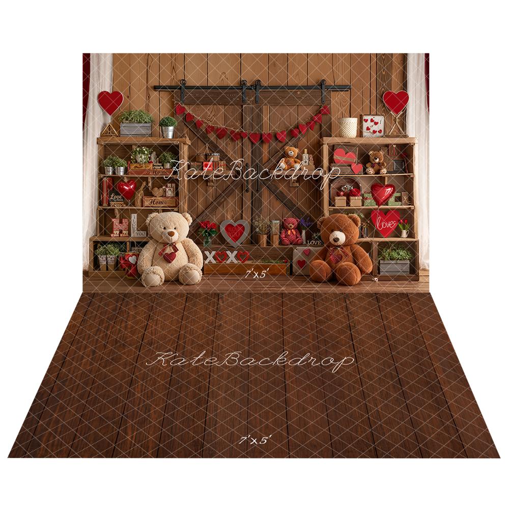 Kate Saint Valentin Ours Coeurs Bois Toile de fond+Marron foncé Bois Sol Toile de fond