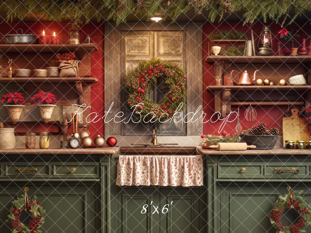 Kate Rouge Vert Noël Cuisine Toile de fond conçue par Mandy Ringe - Kate Backdrop FR