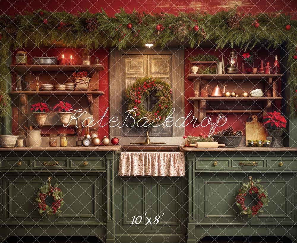 Kate Rouge Vert Noël Cuisine Toile de fond conçue par Mandy Ringe - Kate Backdrop FR