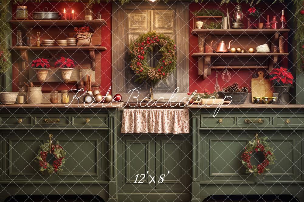 Kate Rouge Vert Noël Cuisine Toile de fond conçue par Mandy Ringe - Kate Backdrop FR