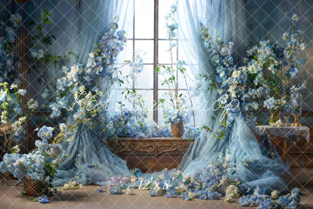 Kate Bleu Fleurs Rideau Fenêtre Chambre Toile de fond en Laine conçue par Emetselch - Kate Backdrop FR