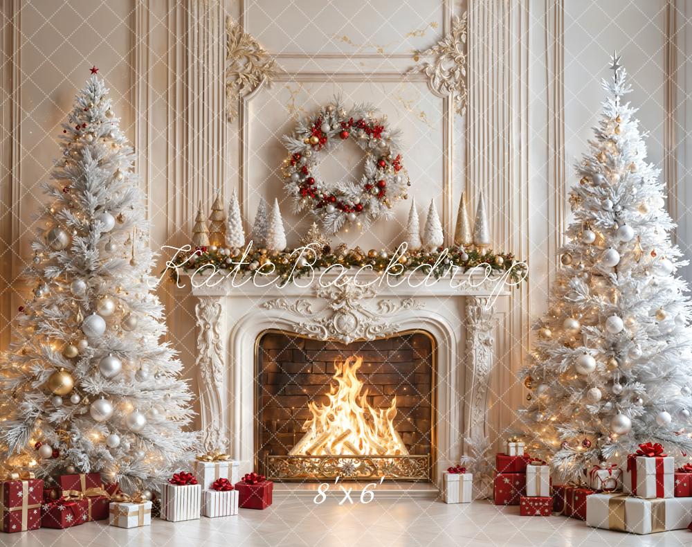 Kate Noël Cheminée Sapins Cadeaux Toile de fond en Laine conçue par Emetselch - Kate Backdrop FR