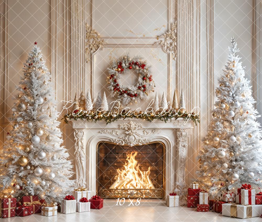 Kate Noël Cheminée Sapins Cadeaux Toile de fond en Laine conçue par Emetselch - Kate Backdrop FR