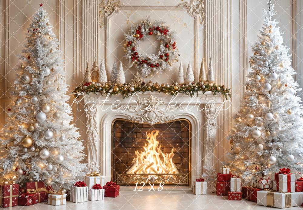 Kate Noël Cheminée Sapins Cadeaux Toile de fond en Laine conçue par Emetselch - Kate Backdrop FR