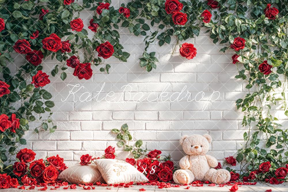 Kate Mur de briques Roses Ours en peluche Toile de fond conçue par Emetselch - Kate Backdrop FR