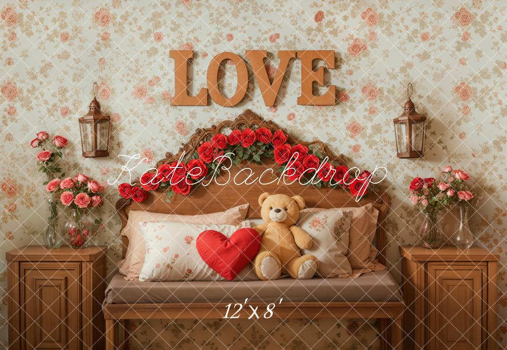 Kate Saint Valentin Fleurs Ours en peluche Lit Toile de fond conçue par Emetselch - Kate Backdrop FR