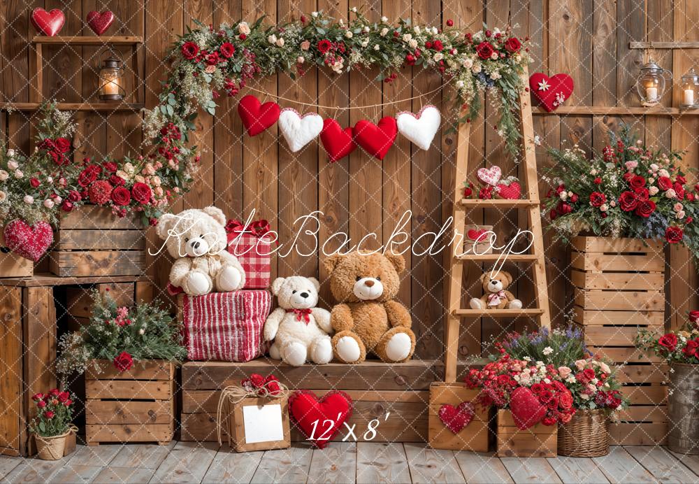Kate Saint Valentin Ours en peluche Fleurs Bois Toile de fond conçue par Emetselch - Kate Backdrop FR