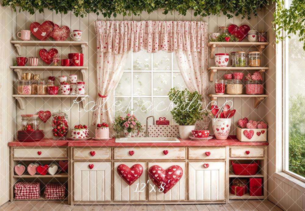 Kate Saint Valentin Cuisine Rouge Cœur Assiettes Toile de fond conçue par Emetselch - Kate Backdrop FR