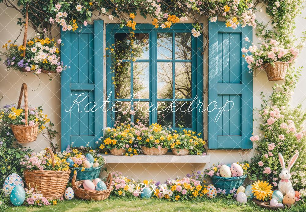 PROMO Kate Pâques Lapin Fleurs Fenêtre Bleu Toile de fond conçue par Emetselch - Kate Backdrop FR