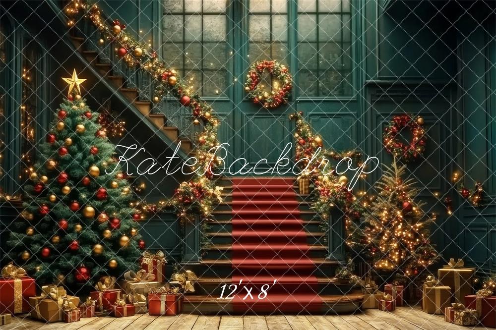 Kate Nostalgique Noël Escalier Cadeaux Doré Toile de fond conçue par Lidia Redekopp - Kate Backdrop FR