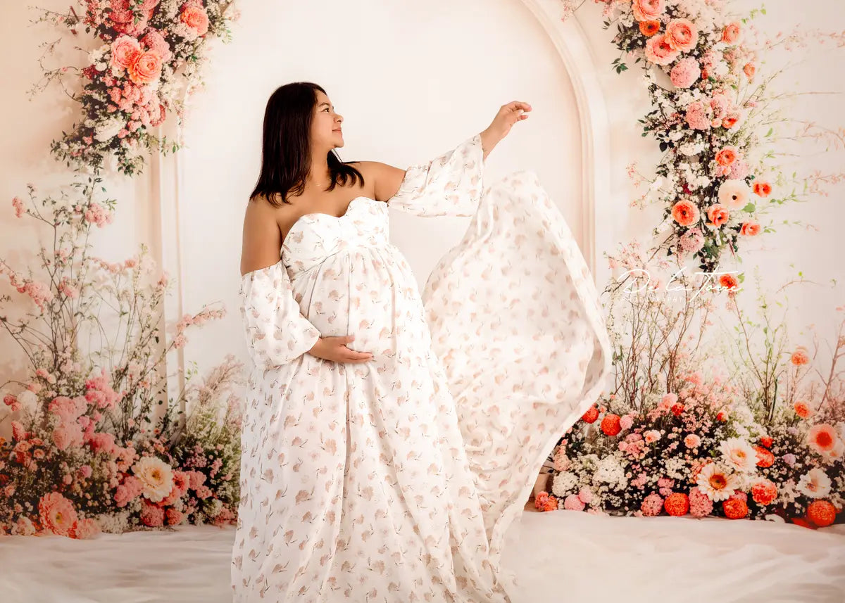 Kate Mousseline Fleur Imprimée Blanc Robe de Grossesse pour Séance Photo - Kate Backdrop FR