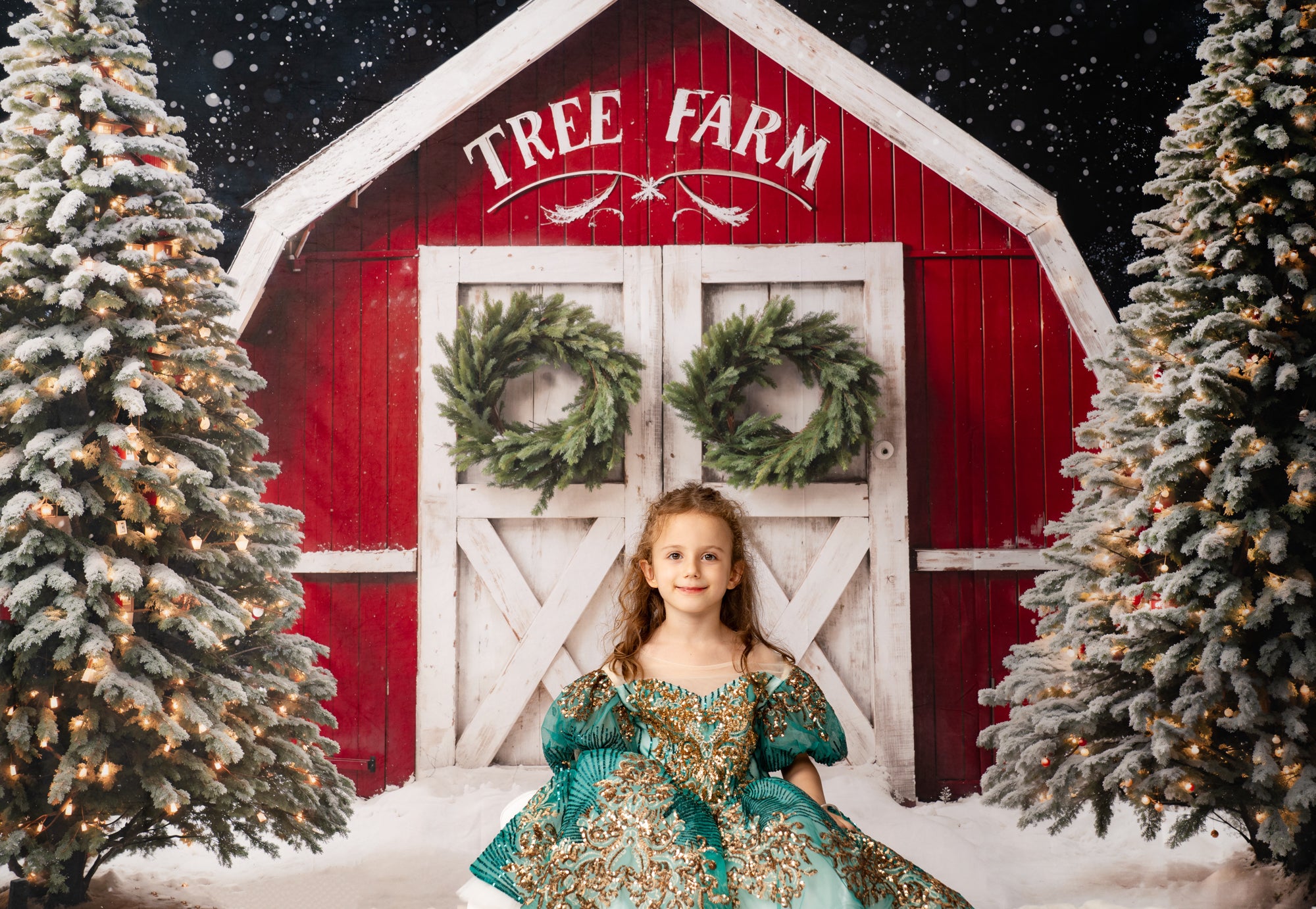 Kate Hiver Sapin de Noël Ferme Grange Toile de fond conçue par Chain Photographie - Kate Backdrop FR