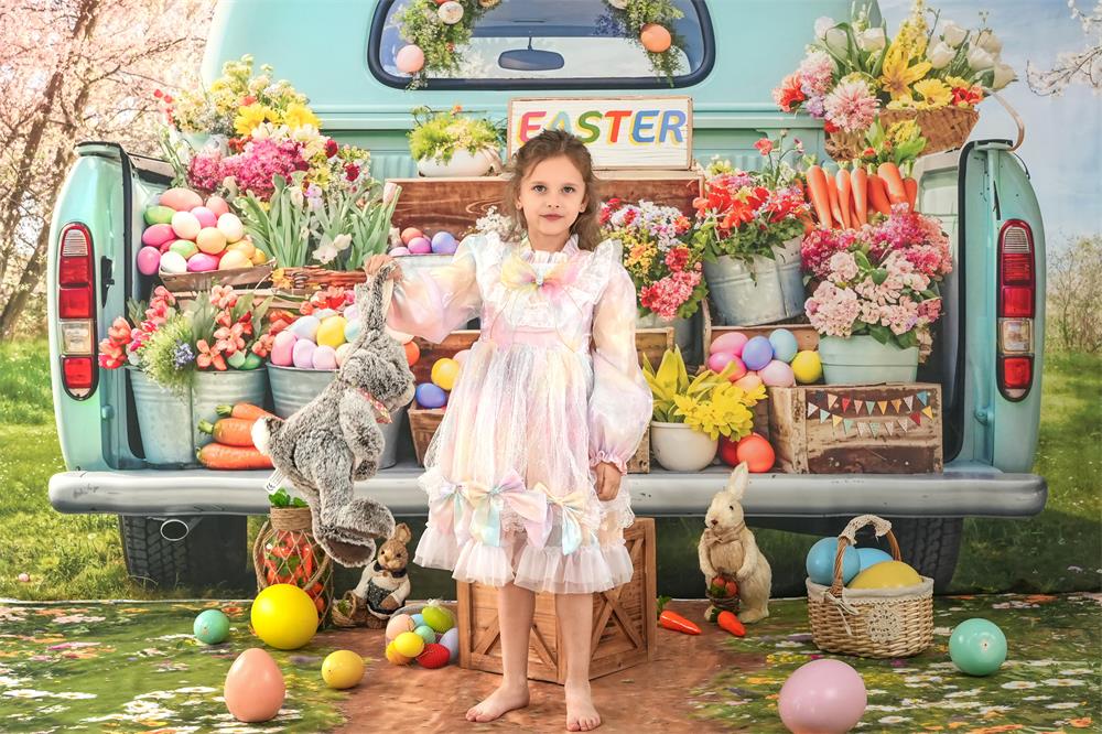 Kate Pâques Camion Printemps Vert Plante Toile de fond+Fleurs Champ Chemin Sol Toile de fond - Kate Backdrop FR