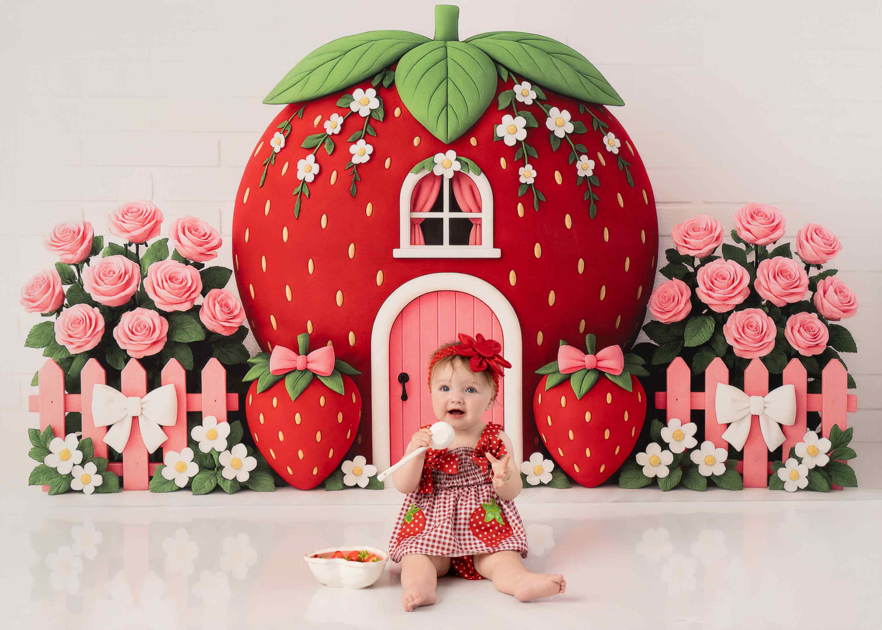 Kate Anniversaire Fraise Maison Fleur Toile de fond conçu par Ashley Paul - Kate Backdrop FR