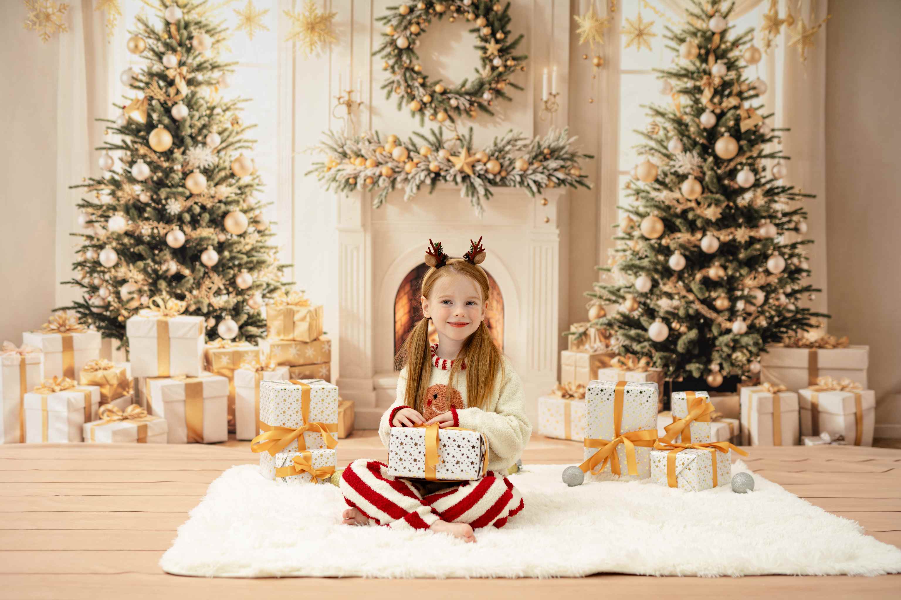 Kate Sapin de Noël Cheminée Doré Cadeaux Toile de fond conçue par Emetselch - Kate Backdrop FR