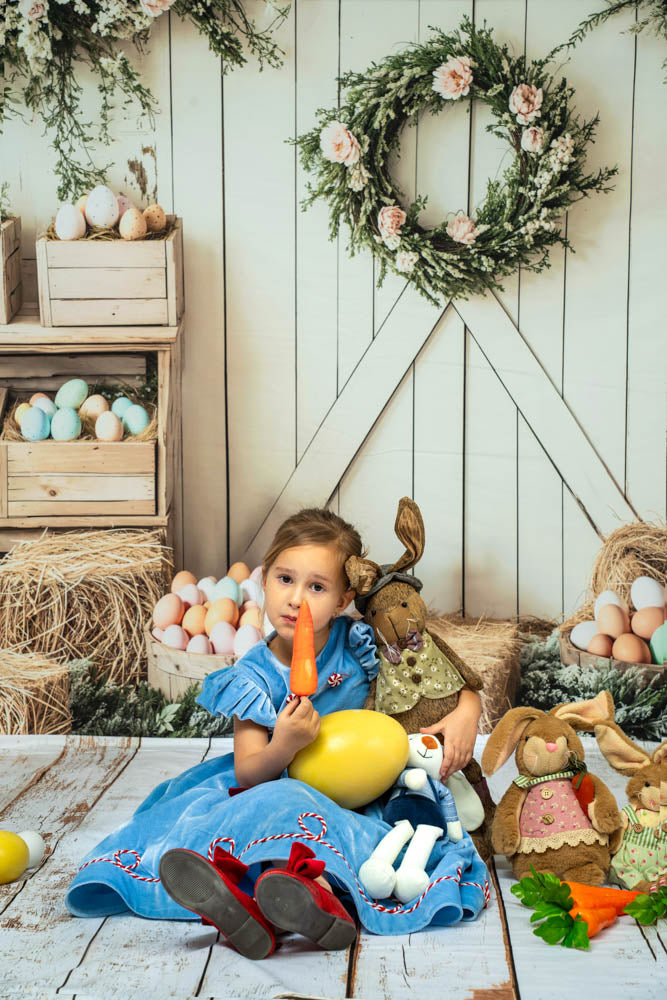 Kate Pâques Floral Œufs Ferme Porte Toile de fond+Blanc Rétro Parquet Bois Sol Toile de fond - Kate Backdrop FR